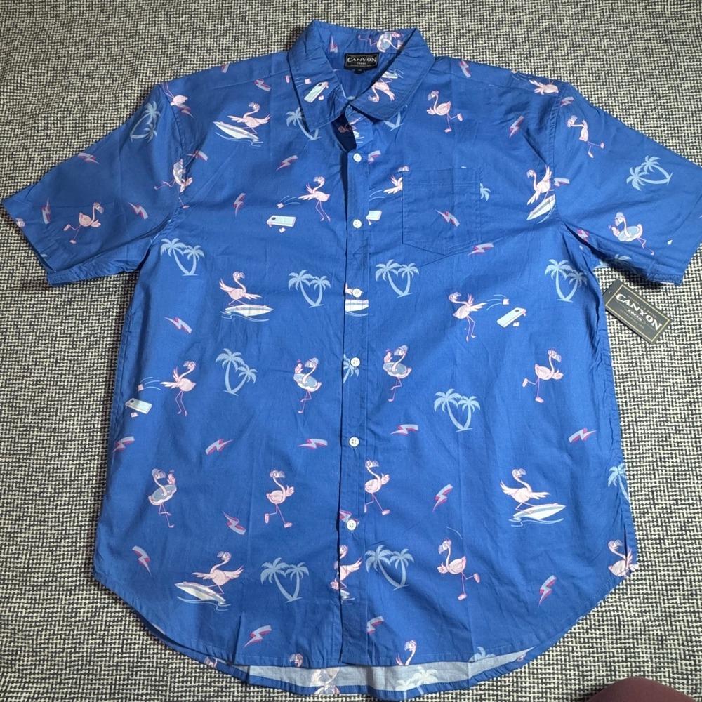 Canyon Creek Mens XL Blue Flamingo Palm Tree Cornhole Short Sleeve Button Shirt